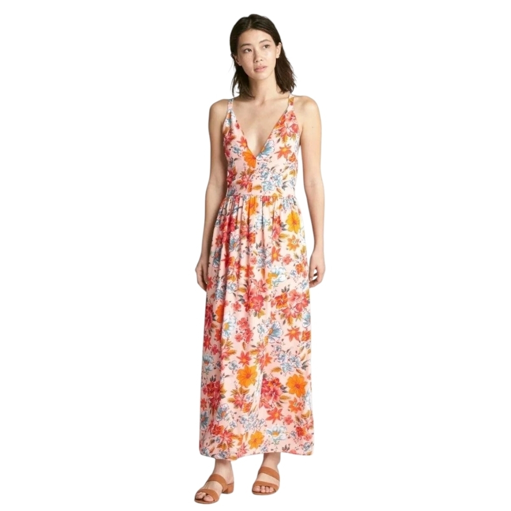 Gap Garden Girl Pastel Peach Floral V-neck Sleeveless Fully Lined Maxi Dress 2